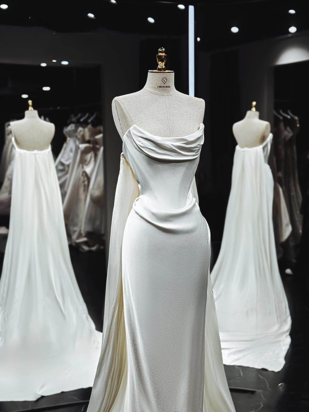 Vintage Mermaid Strapless White Satin Long Wedding Dress With Ruffles