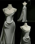 Vintage Mermaid Strapless White Satin Long Wedding Dress With Ruffles