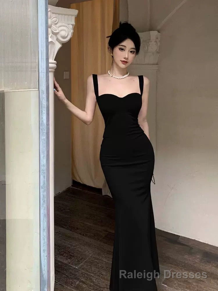 Vintage Mermaid Straps Black Satin Long Birthday Dress Prom Dresses