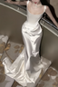 Vintage Mermaid Straps Sleeveless Satin Ivory Wedding Dress