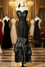 Vintage Mermaid Sweetheart Black Sequin Long Prom Gown Fairy Prom Dresses