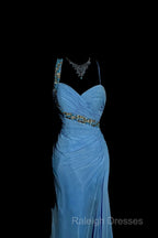 Vintage Mermaid Sweetheart Blue Chiffon Long Prom Gown Fairy Prom Dresses