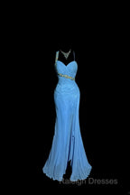 Vintage Mermaid Sweetheart Blue Chiffon Long Prom Gown Fairy Prom Dresses
