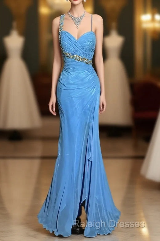 Vintage Mermaid Sweetheart Blue Chiffon Long Prom Gown Fairy Prom Dresses