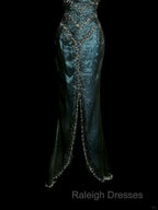 Vintage Mermaid Sweetheart Sleeveless Long Blue Slit Prom Gown Fairy Prom Dresses