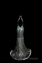 Vintage Mermaid V Neckline Gray Sequin Long Prom Gown Fairy Prom Dress