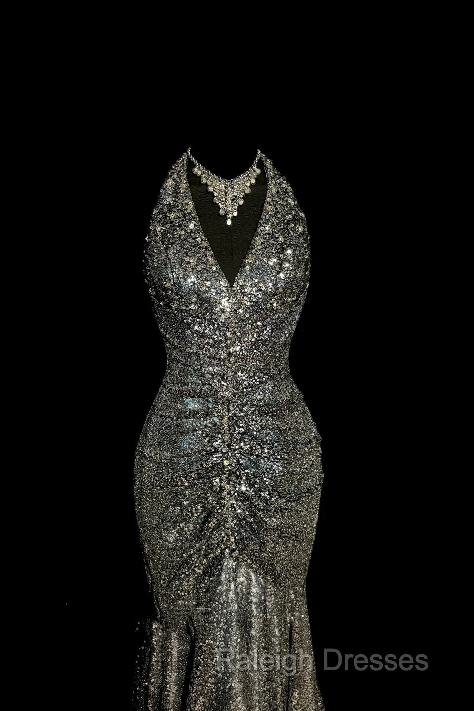 Vintage Mermaid V Neckline Gray Sequin Long Prom Gown Fairy Prom Dress