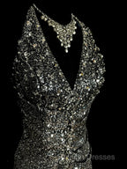 Vintage Mermaid V Neckline Gray Sequin Long Prom Gown Fairy Prom Dress