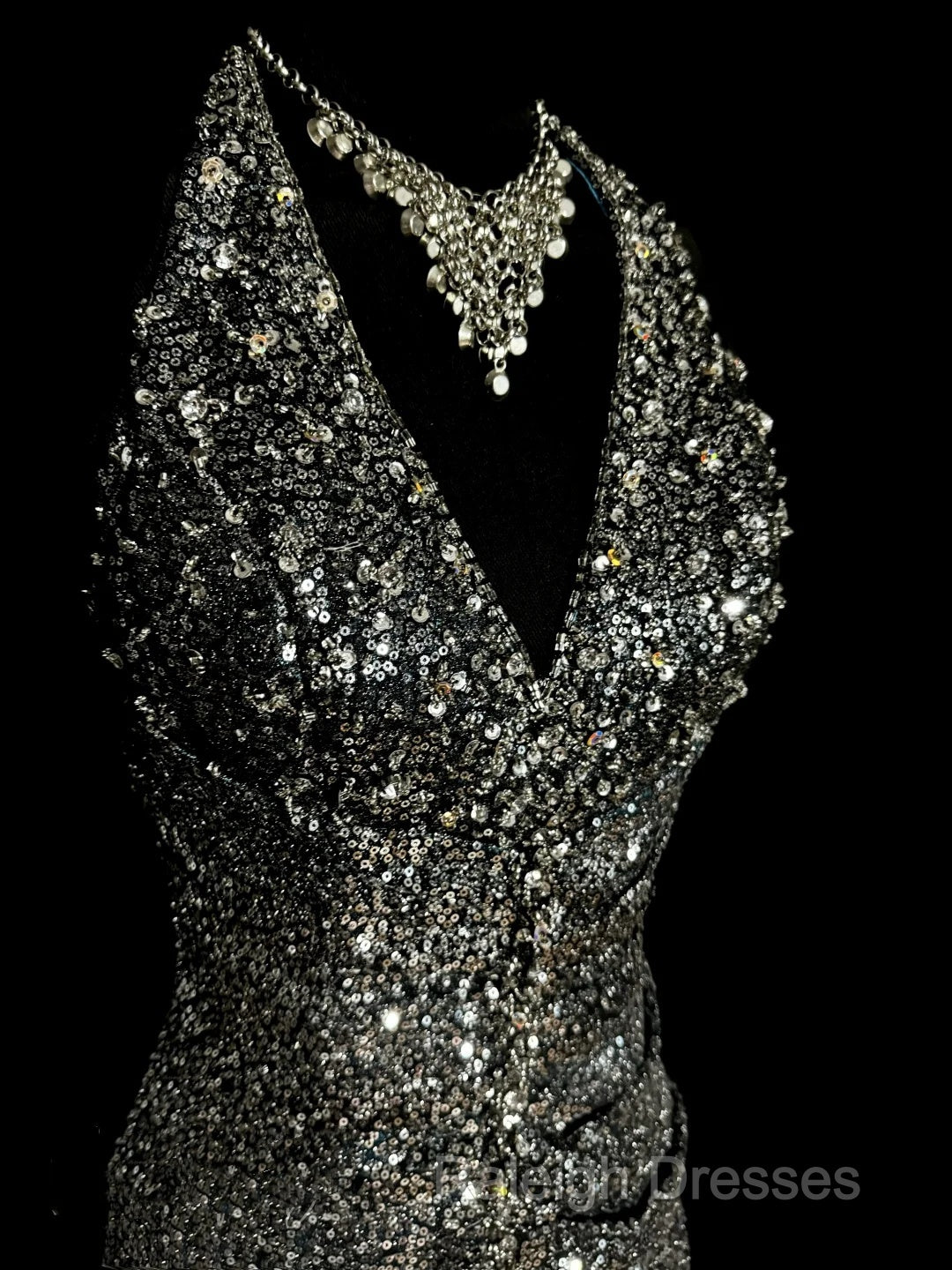 Vintage Mermaid V Neckline Gray Sequin Long Prom Gown Fairy Prom Dress