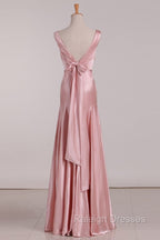 Vintage Mermaid V Neckline Pink Satin Long Prom Dresses Party Evening Dress
