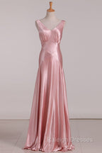 Vintage Mermaid V Neckline Pink Satin Long Prom Dresses Party Evening Dress