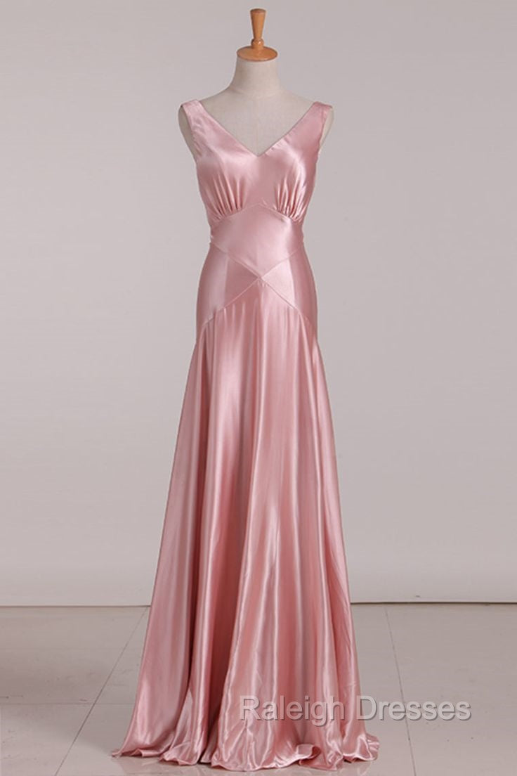 Vintage Mermaid V Neckline Pink Satin Long Prom Dresses Party Evening Dress