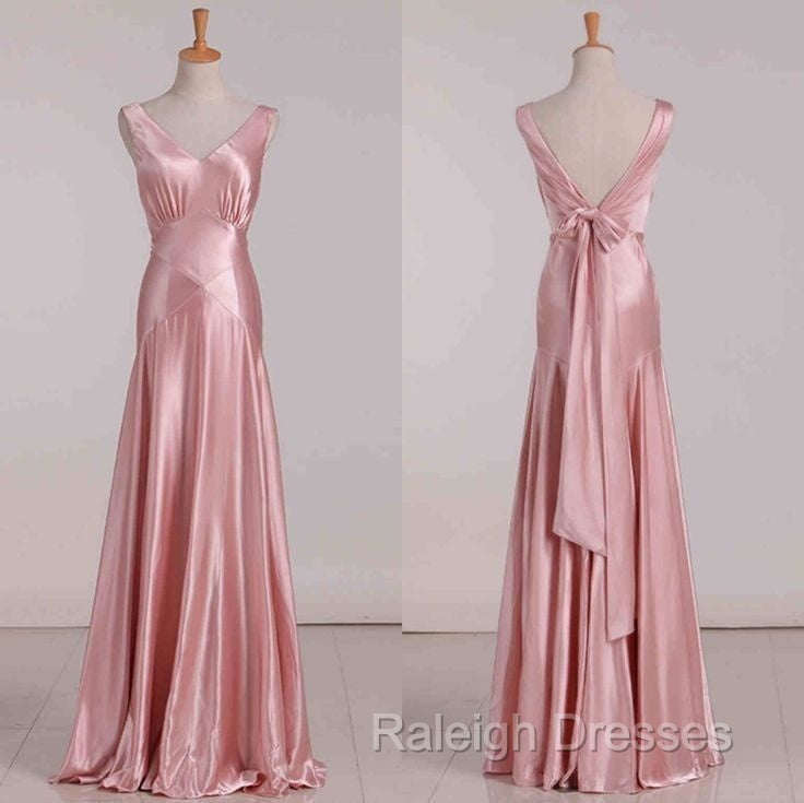 Vintage Mermaid V Neckline Pink Satin Long Prom Dresses Party Evening Dress