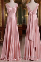 Vintage Mermaid V Neckline Pink Satin Long Prom Dresses Prom Prom Dress