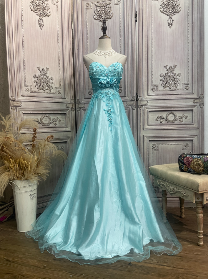 Vintage Mint Ice Blue A-Line Strapless 3D Floral Embroidery Satin Tulle Long Formal Prom Dress Secondary image