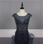 Vintage Navy Blue Mermaid Crew Neck Beaded Tulle Train Formal Prom Dress