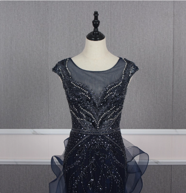 Vintage Navy Blue Mermaid Crew Neck Beaded Tulle Train Formal Prom Dress