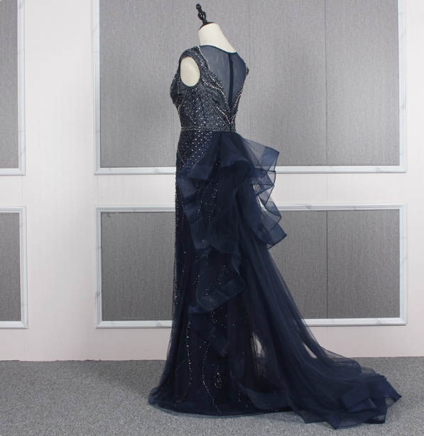 Vintage Navy Blue Mermaid Crew Neck Beaded Tulle Train Formal Prom Dress