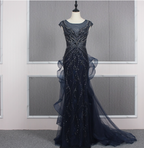 Vintage Navy Blue Mermaid Crew Neck Beaded Tulle Train Formal Prom Dress