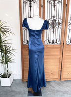 Vintage Navy Blue Mermaid Puff Sleeve Satin Long Formal Prom Dress