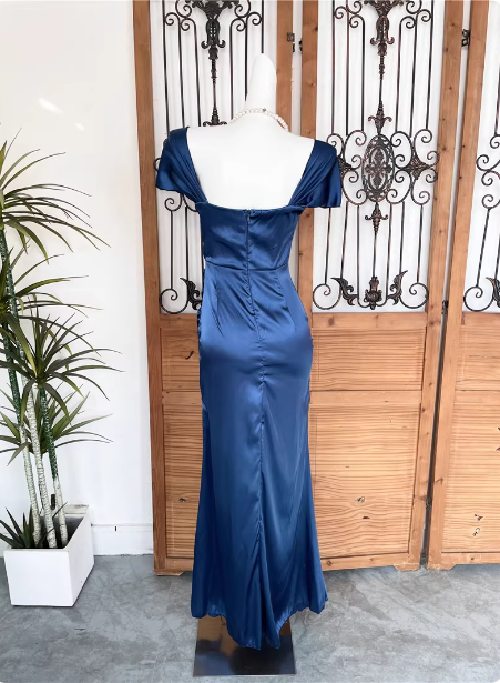 Vintage Navy Blue Mermaid Puff Sleeve Satin Long Formal Prom Dress