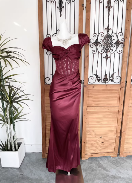 Vintage Navy Blue Mermaid Puff Sleeve Satin Long Formal Prom Dress