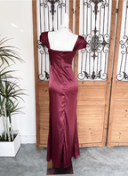 Vintage Navy Blue Mermaid Puff Sleeve Satin Long Formal Prom Dress