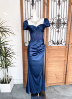 Vintage Navy Blue Mermaid Puff Sleeve Satin Long Formal Prom Dress