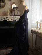 Vintage Navy Blue Mermaid Spaghetti Strap Square Neck Backless Satin Train Formal Prom Dress