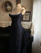 Vintage Navy Blue Mermaid Spaghetti Strap Square Neck Backless Satin Train Formal Prom Dress