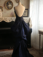 Vintage Navy Blue Mermaid Spaghetti Strap Square Neck Backless Satin Train Formal Prom Dress