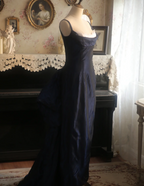 Vintage Navy Blue Mermaid Spaghetti Strap Square Neck Backless Satin Train Formal Prom Dress