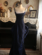Vintage Navy Blue Mermaid Spaghetti Strap Square Neck Backless Satin Train Formal Prom Dress