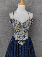 Vintage Navy Blue Off-Shoulder Gold Embroidered Rhinestone Tulle Long Formal Prom Dress