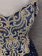 Vintage Navy Blue Off-Shoulder Gold Embroidered Rhinestone Tulle Long Formal Prom Dress