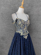 Vintage Navy Blue Off-Shoulder Gold Embroidered Rhinestone Tulle Long Formal Prom Dress