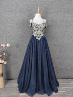 Vintage Navy Blue Off-Shoulder Gold Embroidered Rhinestone Tulle Long Formal Prom Dress