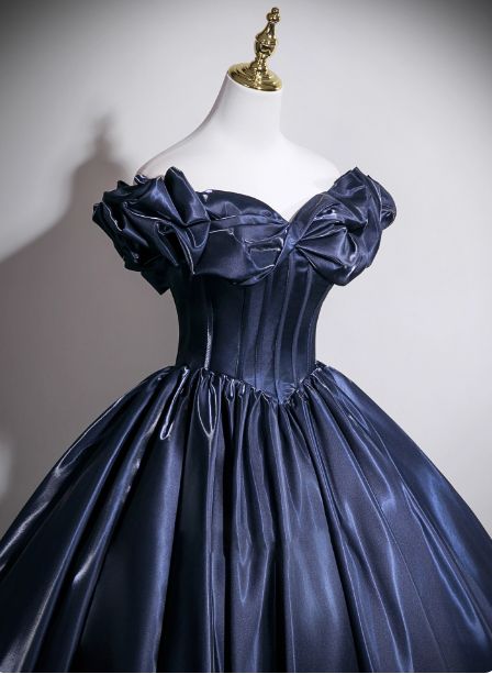 Vintage Navy Blue Off-The-Shoulder Satin Ball Gown Prom Dress Sweet 16 Dress Secondary image