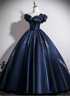 Vintage Navy Blue Off-The-Shoulder Satin Ball Gown Prom Dress Sweet 16 Dress