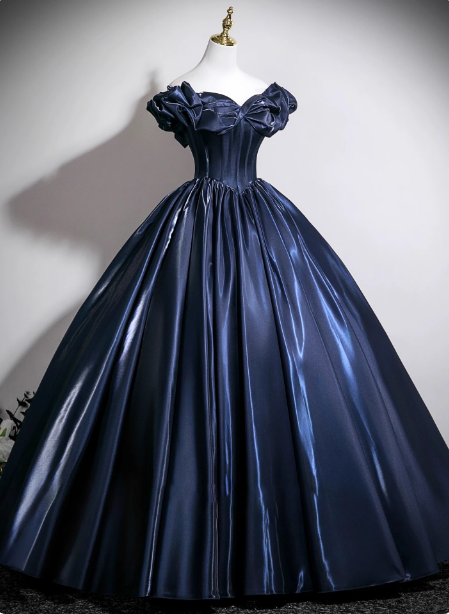 Vintage Navy Blue Off-The-Shoulder Satin Ball Gown Prom Dress Sweet 16 Dress