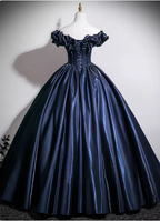 Vintage Navy Blue Off-The-Shoulder Satin Ball Gown Prom Dress Sweet 16 Dress