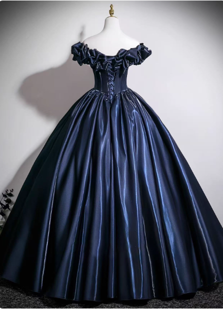 Vintage Navy Blue Off-The-Shoulder Satin Ball Gown Prom Dress Sweet 16 Dress