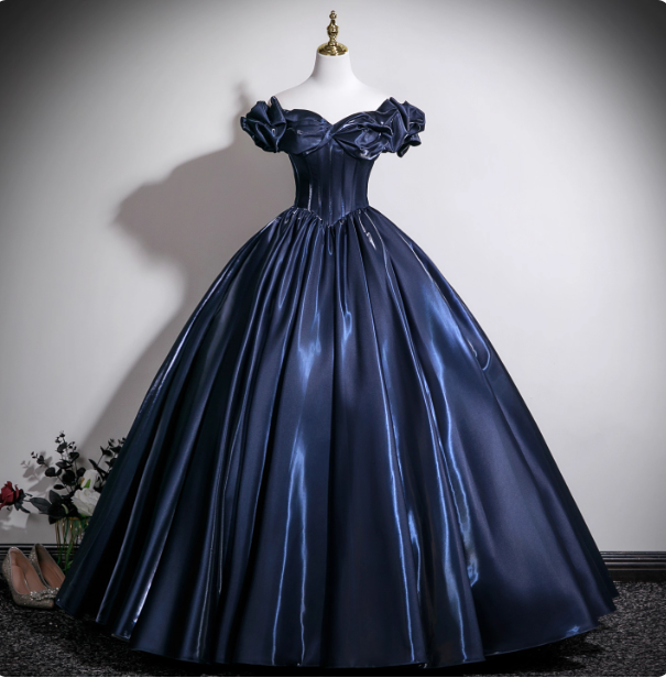 Vintage Navy Blue Off-The-Shoulder Satin Ball Gown Prom Dress Sweet 16 Dress Main image