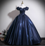 Vintage Navy Blue Off-The-Shoulder Satin Ball Gown Prom Dress Sweet 16 Dress