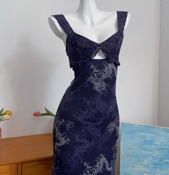 Vintage Navy Blue Spaghetti Strap Printed Lace Tulle Long Formal Prom Dress Secondary image