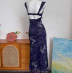 Vintage Navy Blue Spaghetti Strap Printed Lace Tulle Long Formal Prom Dress