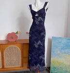 Vintage Navy Blue Spaghetti Strap Printed Lace Tulle Long Formal Prom Dress