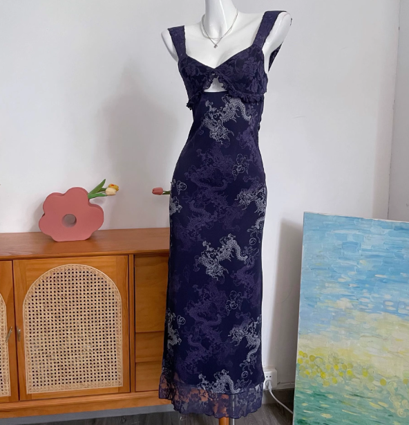 Vintage Navy Blue Spaghetti Strap Printed Lace Tulle Long Formal Prom Dress