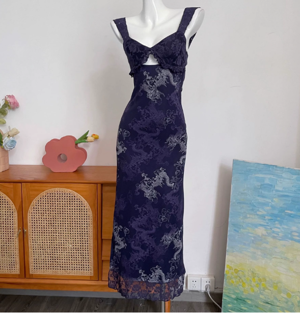 Vintage Navy Blue Spaghetti Strap Printed Lace Tulle Long Formal Prom Dress Main image