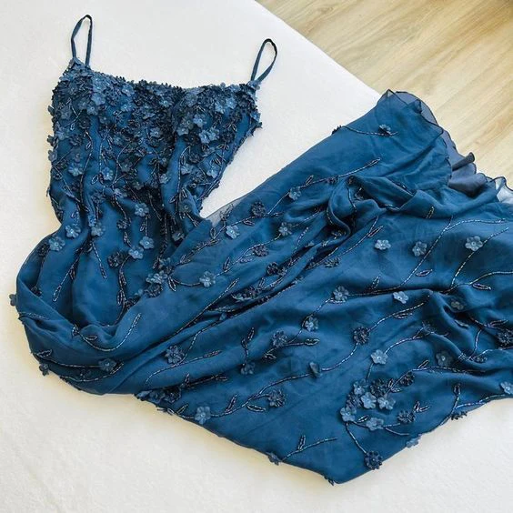 Vintage Navy Blue Spaghetti Straps Prom Dresses Mermaid Prom Dresses